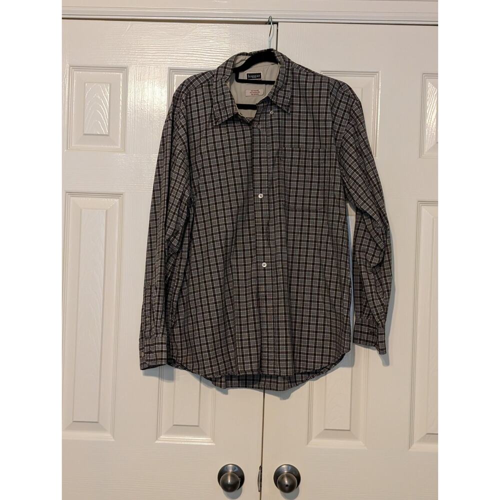 Haggar Forever Shirt Men's Large Wrinkle Free Long Sleeve Button Up Brown Plaid